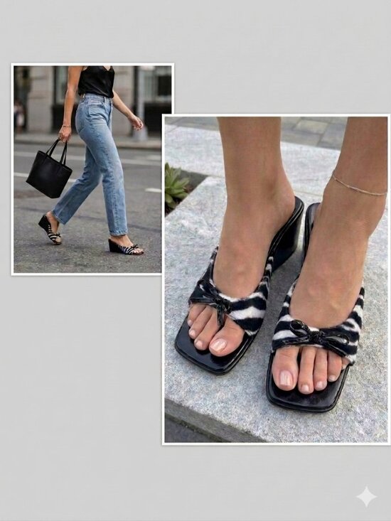 No Boundaries Shoes - Y2K No Boundaries Black & White Zebra Slide Mules with Bow 11